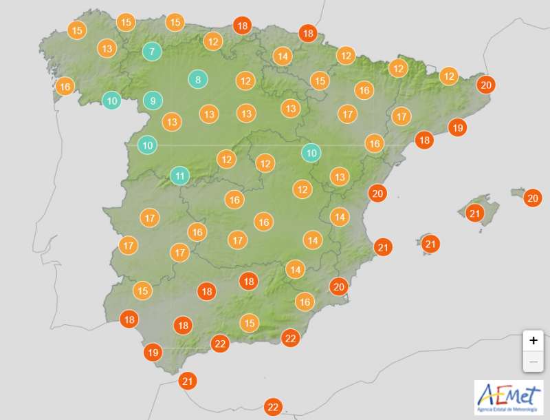 Mapa de temperaturas del domingo 22 de septiembre.  AEMET