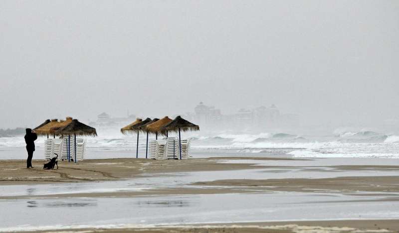 En la imagen, una mujer juega con su perro en la playa en un da de temporal. EFEManuel Bruque.
