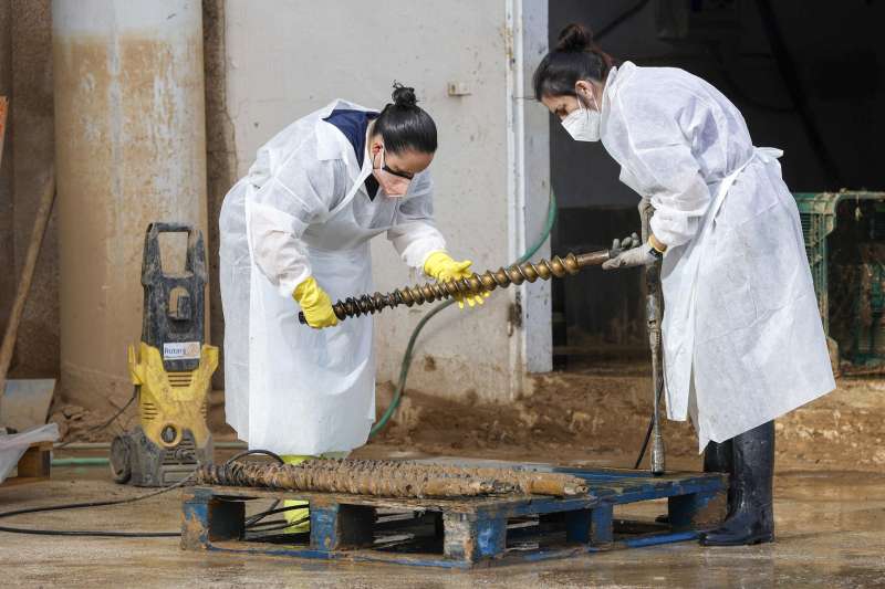 Trabajadoras de una empresa afectada por la DANA realizan labores de limpieza. EFE Miguel ngel Polo