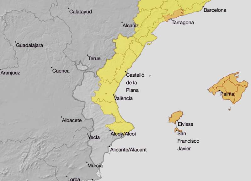 Mapa de avisos de Aemet en la Comunitat Valenciana para este viernes, 1 de noviembre. EPDA