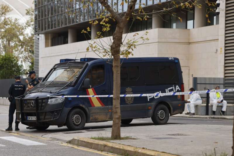 Efectivos de los servicios funerarios junto a un furgn policial, este jueves en la CIudad de la Justicia e Valencia. EFE Ana Escobar